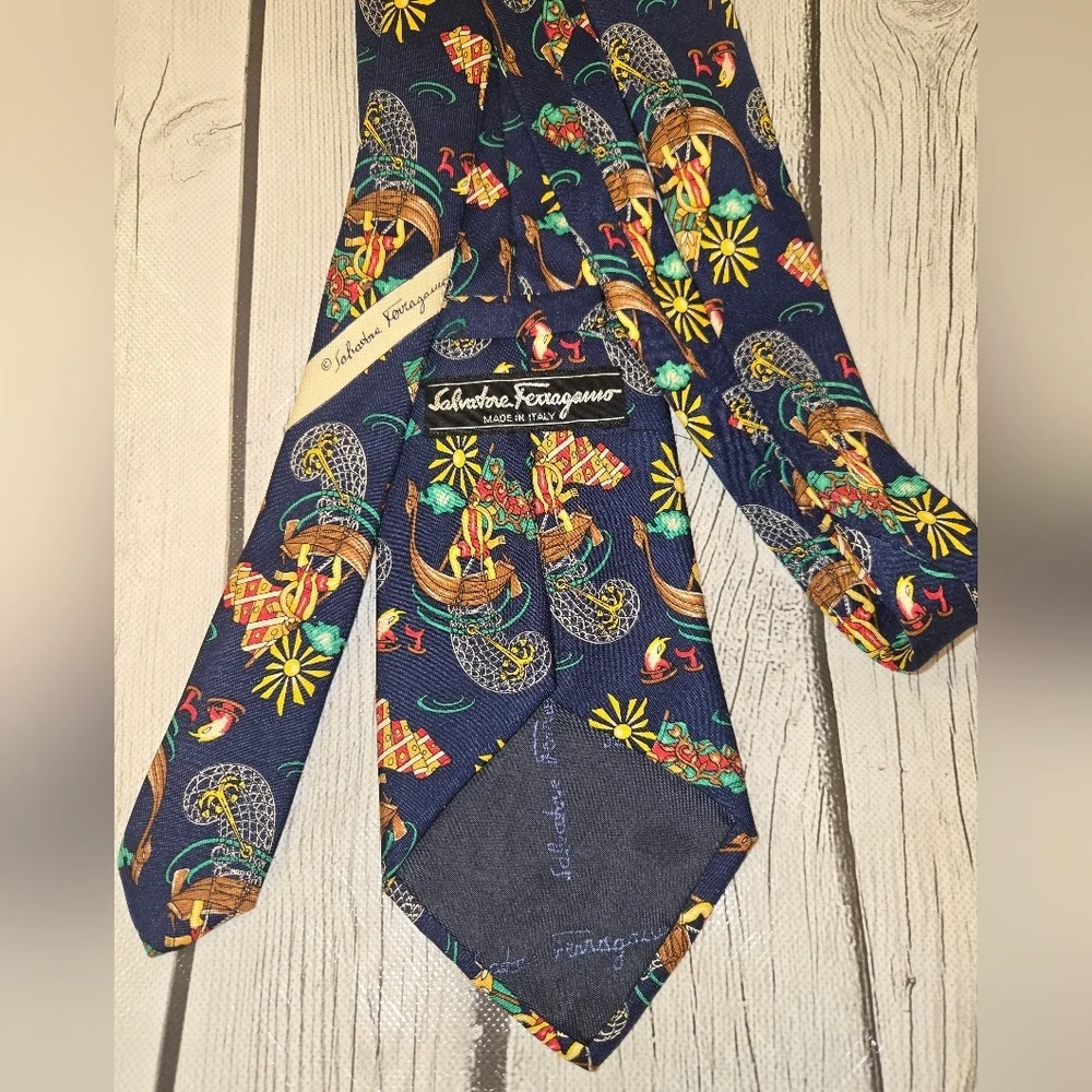 Salvatore Ferragamo Silk Tie Navy Fishermen Nautical Boats Italy Luxury Novelty